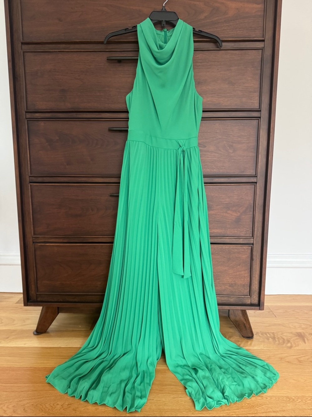 Halston Heritage Emerald Green Pleated Halter Jumpsuit, 0